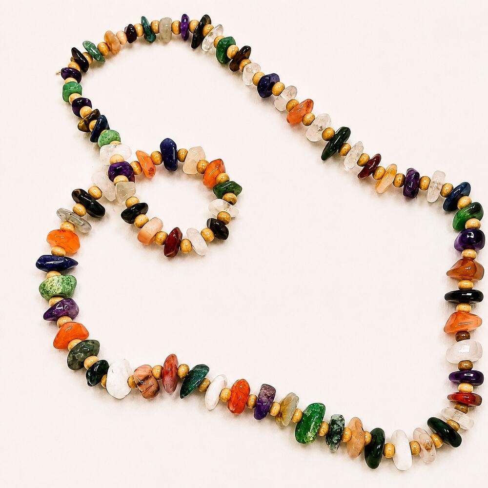 Multicolor Stone Chip Bead Necklace Cream Tone Spacers 30 Inch N645 - Picture 4 of 4